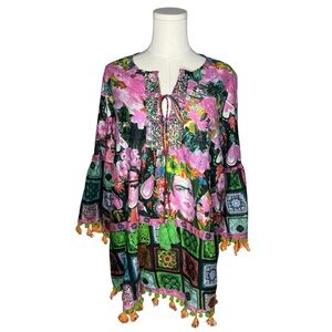 Antica Santoria Frida Kahlo Novelty Print Tassel Mini Dress Coverup Size L/XL